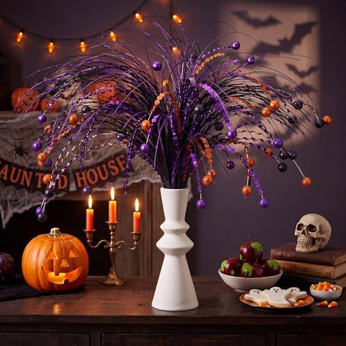 Suncalla 9 Pcs Halloween Floral Picks 17.7 Inch Artificial Glitter Stems Halloween Tree Vase Filler Decoration Purple Orange Black Table Centerpiece Decor Sprays Picks for Wreath Party Home