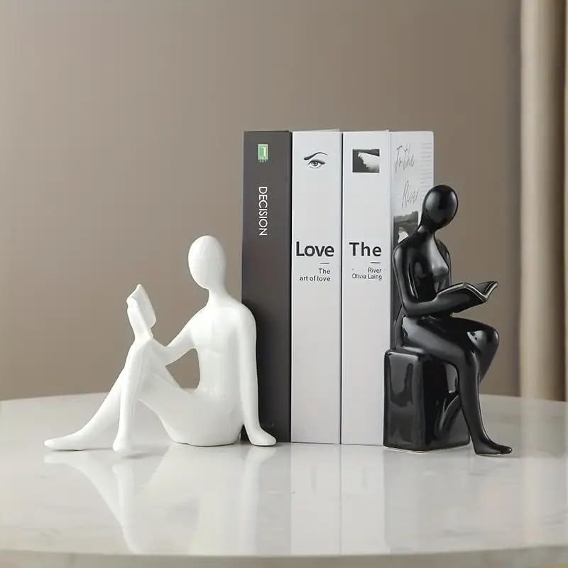 Modern Decorative Ceramic Reading Figure Bookends / Black+ White