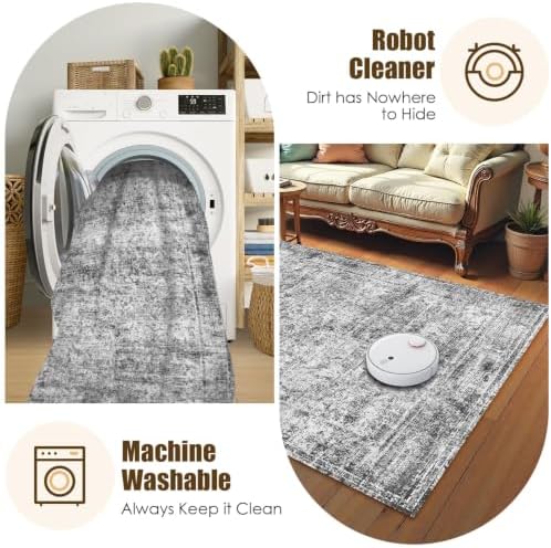 Washable Area Rug 8' x 10' Vintage Traditional Persian Mat - Foldable Distressed Non-Slip Machine Washable Carpet for