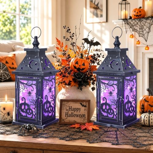 Halloween Decorations Indoor, Set of 2 Decorative 14.7" Spider&Pumpkin Candle Lantern with LED Lights(8 Modes), Hanging Spooky Halloween Lanterns, Outdoor Home Room Door Party Decor