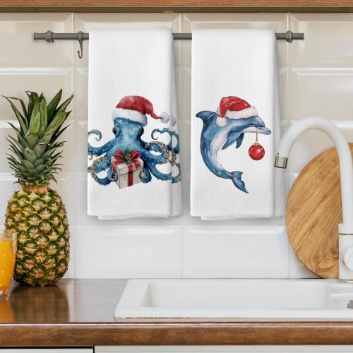 Coastal Christmas Dolphin Octopus Kitchen Dish Towels 16x24, Set of 2