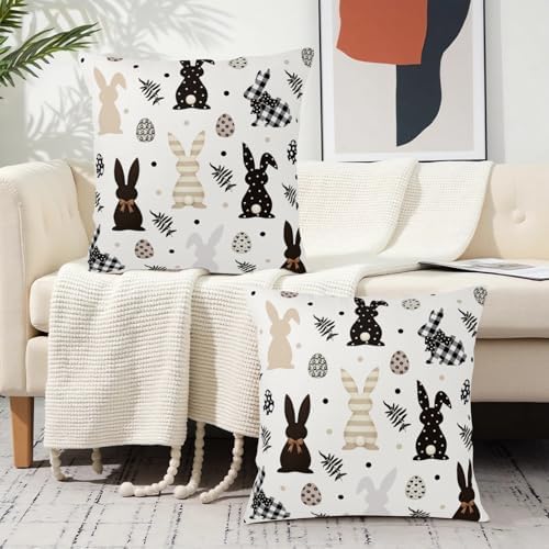 Easter Outdoor Bunny Pillow Covers 20x20 Set of 2 Black White Polka Dot Rabbit Eggs Pillow Case Farmhouse Holiday Cushion Covers for Sofa Couch Home Decor