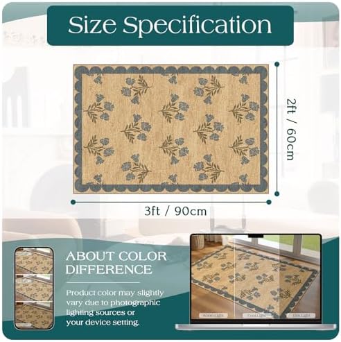 Front Door Mat Outside Entrance - 2x3 Jute-Look Blue Floral Rug