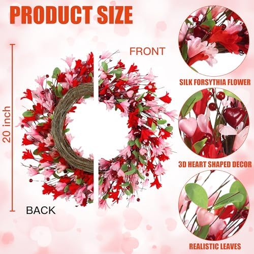 Sggvecsy 20in Valentine's Day Wreath Artificial Pink Red Forsythia Spring Summer Fake Silk Wreath with Heart Berries Green Leaves for Gifts Festival Front Door Window Wall Farmhouse Decor