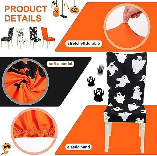 Preboun 8 Pcs 4 Styles Halloween Chair Cover Halloween Dining Chair Slipcover Spooky Chair Back Covers Stretchable Washable Chair Protective Covers for Dining Room Kitchen Office Hotel Seat Decor