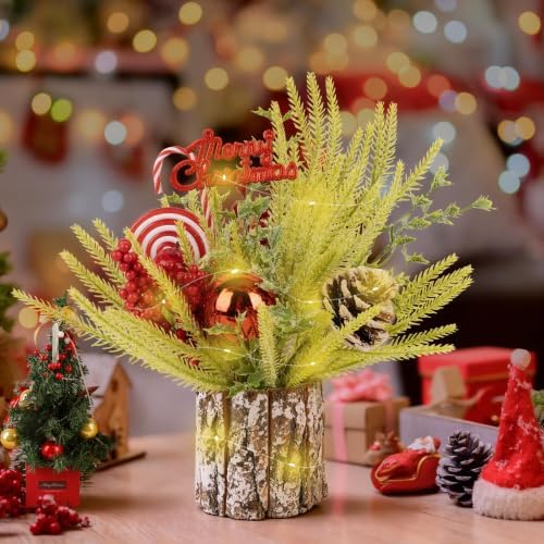 Small Table Top Christmas Tree with Lights, Mini Christmas Tree Decorations with Merry Christmas Candy Canes Pine Cones Berries Balls Ornaments for Home Party Centerpiece Decor, 12Inch, Green