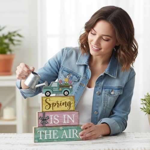 Moucuny 4 Pcs Spring Wooden Block Signs Farmhouse Table Centerpiece