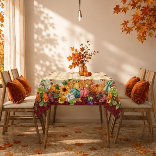 Fall Plaid Square Tablecloth 52x52 Inch, Stain Resistant Washable Fabric Autumn Harvest Pumpkin Table Cloth Square Fall Tablecloth Table Cover for Kitchen Dining Party