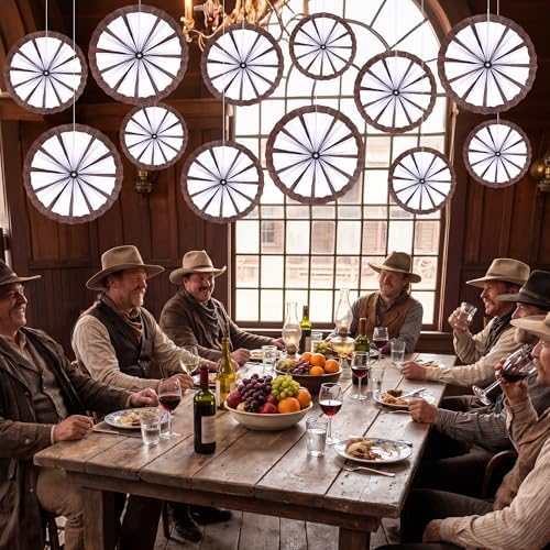 BestoFun 12PCS Western Cowboy Party Decorations Set - Paper Fans, Wagon Wheels & Straw Hay Bales Hanging Ceiling Wall Decor for Ranch Birthday Baby Shower Theme