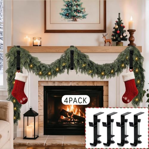 HMASYO 2-in-1 Christmas Garland & Stocking Holders for Mantle Set of 4, Black Adjustable Low-Profile Fireplace Hangers with Dual Hooks, Metal Stocking Hooks for Garland, Fits 0.5”-3.4”Mantels
