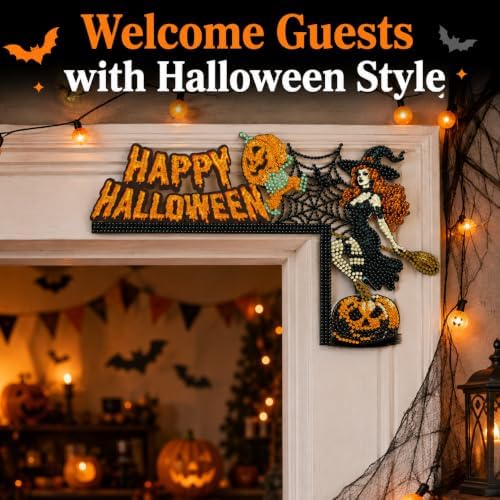 DIY Halloween Witch Pumpkin Diamond Art Wooden Door Corner Decoration, Halloween Frame Sign Kit, Creative Wall Art Mosaic Frame Sign for Home Decor & Gifts