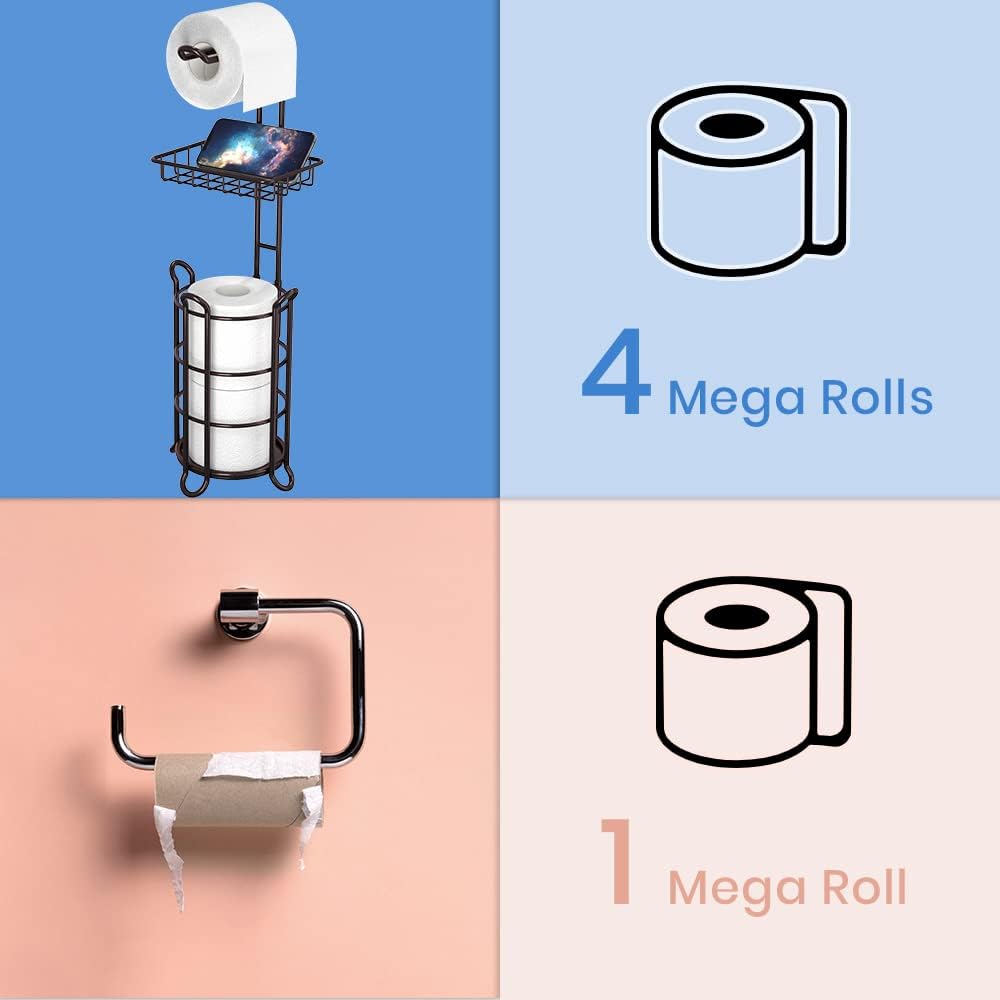 Toilet Paper Holder Stand Tissue Paper Roll Dispenser with Shelf for Bathroom Storage Holds Reserve Mega Rolls-Bronze