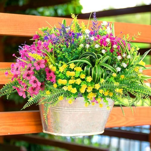 LELEE 24 Bundles Artificial Flowers for Outdoors Fake Silk Flowers Plants UV Resistant Faux Boston Fern Greenery Stems for Spring Garden Indoor Hanging Front Porch Patio Window Box Planter Decor