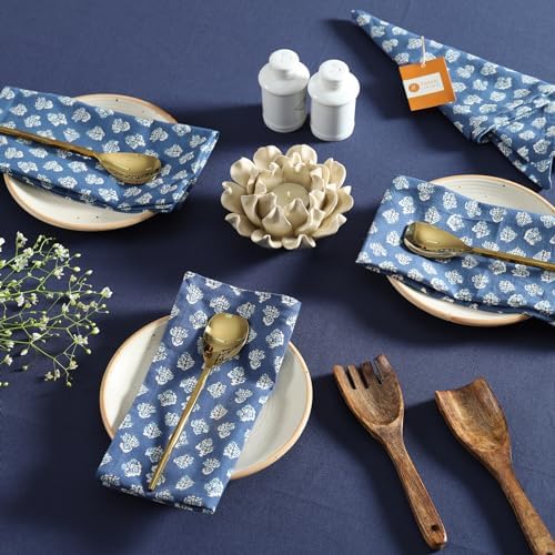 TARAN LIVING 100% Cotton Printed Cloth Napkins Reusable Fall Dinner Napkins Floral Fabric Napkins Set of 6 Machine Washable for Events, Gift, Home Decor - 18"x18" - Blue