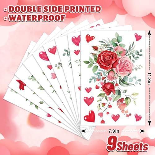 Whaline 9 Sheets Valentine Floral Window Cling Stickers Spring Rose Flower Hanging Vine Window Decals Eucalyptus Leaves Reusable Glass Decals for Wedding Party Home Decoration