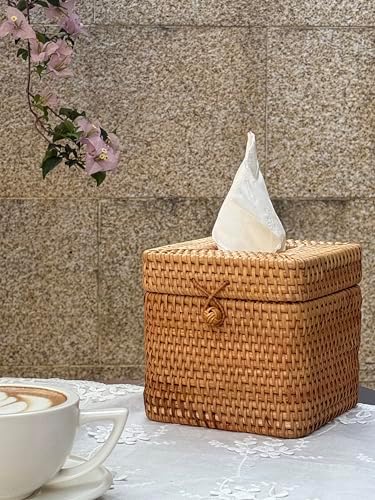 Rattan Tissue Box Cover Woven Facial Napkin Holder Square / Natural / 5.7 x 5.7 x 5.5
