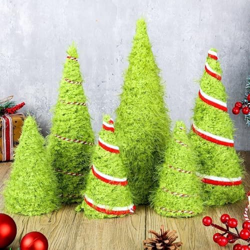 6 PCS 12" 10" 6" Lime Green Furry Christmas Cone Tree Christmas Handmade Xmas Velvet Trees Tabletop Centerpieces Mini Farmhouse Red Green Tree for Kitchen Mantle Winter Home Wedding Party Ornaments