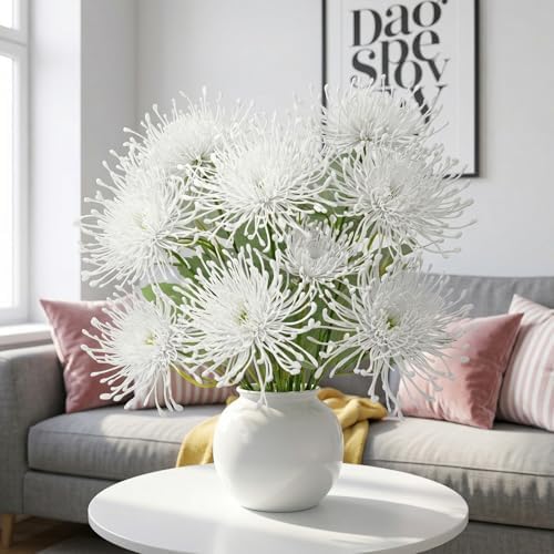 6PCS White Artificial Fake Mums Fall Faux Pincushion Flower