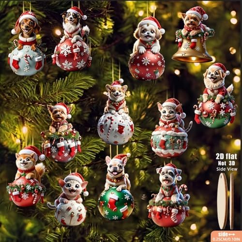12 Pcs Cute Christmas Ornaments Animal Kitten Puppy Designs Xmas Tree Decoration for Holiday DIY Crafts Mini Christmas Hanging Ornaments 2D Wooden Pendant for Home Indoor Party Gift