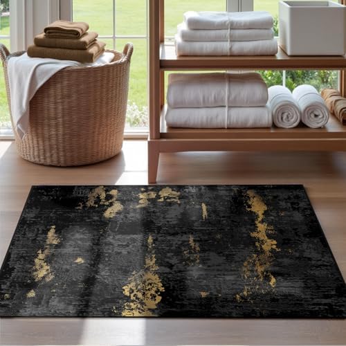 RELEANY Washable 2'x3' Abstract Area Rug for Living Room Black Gold