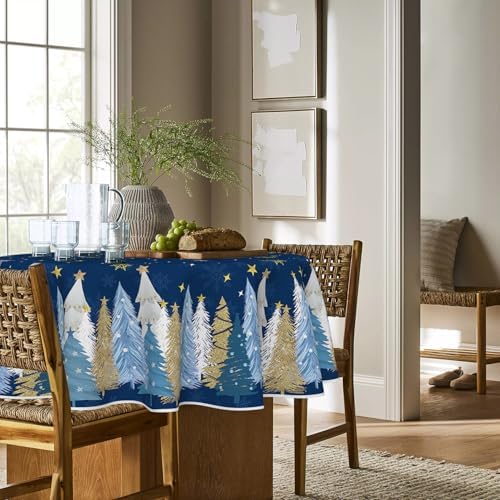 Horaldaily Christmas Tablecloth 60x60 Inch Round, Christmas Trees Blue Grey Washable Seasonal Table Cover for Party Picnic Dinner Decor