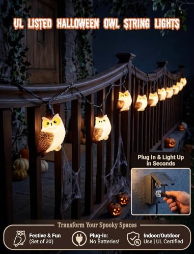 12FT Halloween Owl String Lights, 20L LED Plug in Owl Lights