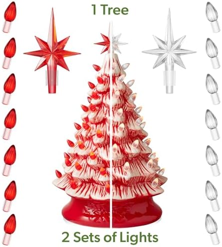 Casafield Hand Painted Ceramic Christmas Tree, Red and White Peppermint 15-Inch Pre-Lit Tree with 128 Red and Clear Lights, 2 Star Toppers