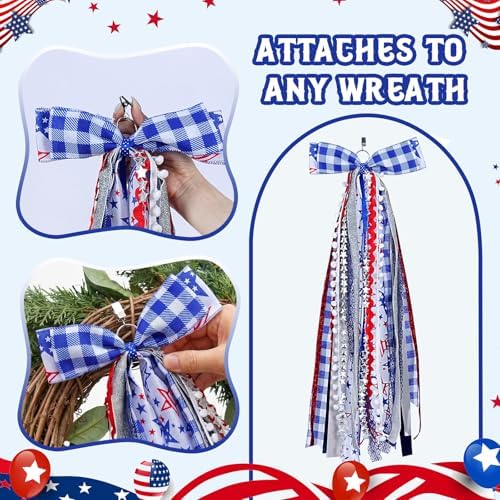Patriotic Bows for Wreaths Red White Blue Grid Stars Tree Topper Bow for 4th of July,Independence Day,Memorial Day,Veteran's Day Indoor Outdoor Holiday Patriotic Decorations