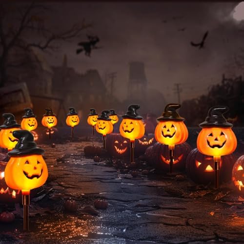 6 Pack Solar Jack O Lantern Stake String Lights - Orange Halloween Pathway Decor for Outdoor Halloween Yard Display