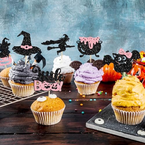 Gyufise 24Pcs Halloween Cupcake Toppers Glitter Pink Ghost Little Boo Bat Witch Cat Pumpkin Cupcake for Halloween Theme Baby Shower Birthday Party Cake Decorations Supplies
