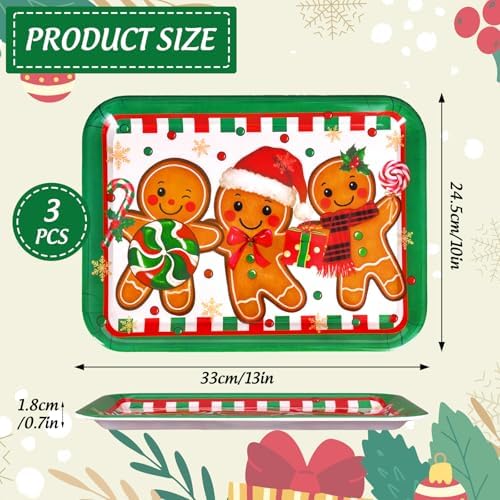 JarThenaAMCS 3Pcs Christmas Serving Trays Reusable Serving Dishes Red Green Gingerbread Man Platter for Xmas Party Sharing Snacks Fruits Dessert, 13 x 10 Inch