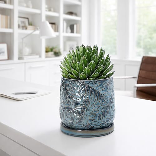 D'vine Dev Embossed Leaves Ceramic Planter, 5 in, Ocean Teal, 27-A-V-8