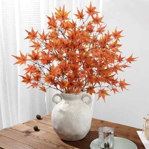 3 Pcs Artificial Maple Leaves Branches 23.6 Inch Fake Fall Maple Plants Autumn Leaf Bushes Faux Silk Foliage for Home Thanksgiving Centerpiece Farmhouse Fireplace Halloween Décor - Orange
