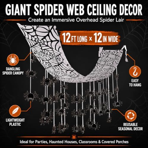 Fun Express Giant Spider Web Hanging Ceiling Decor, Black, 12 Ft x 12"