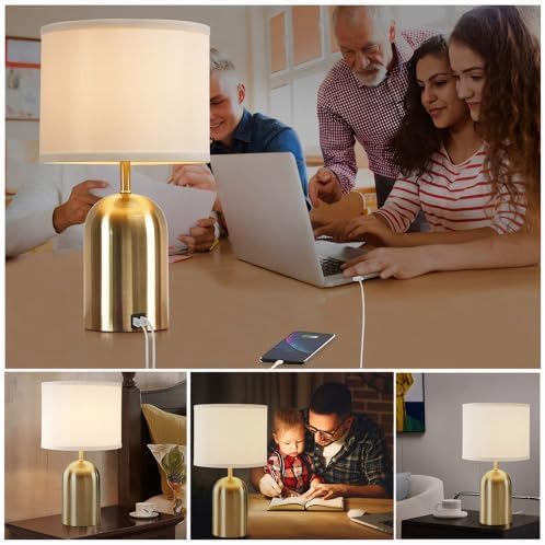 Bedside Lamp with USB Port, Touch Control Table Lamp for Bedroom, Dimmable Modern Nightstand Lamp with Fabric Shade