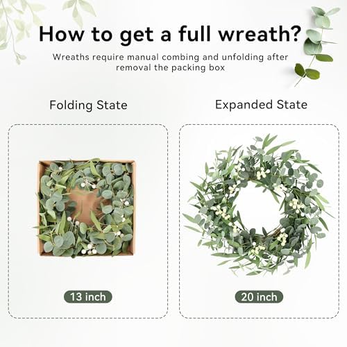 Pinkpum 20'' Eucalyptus Wreath for Front Door Green Decor for Home Farmhouse Wall Spring Summer Fall Outdoor Indoor