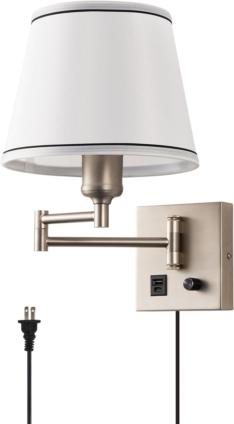 Swing Arm Wall Lamp, Satin Nickel, White Fabric Shade | Type-C and USB Charging Port, Dimmable Switch, Plug in Wall