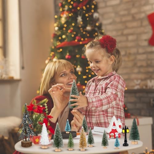 ONESING 31 Pcs Christmas Village Set With Bottle Brush Trees - Miniature Accessories for Home Indoor Winter Holiday Decorations