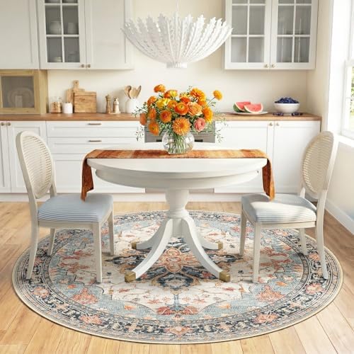 RELEANY Washable Area Rug, Round 6ft, Beige/Blue/Orange