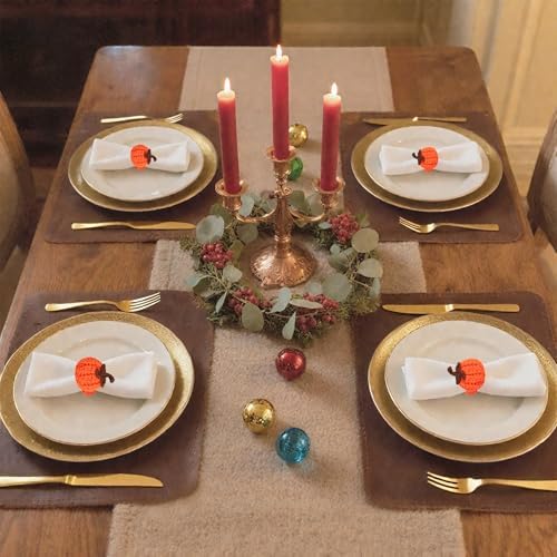 Set of 8 Pumpkin Napkin Rings, Fall Napkin Rings Thanksgiving Halloween Napkin Ring Holder, Handcrafted Crochet Napkin Holders for Thanksgiving Dinner Table Décor (8, Orange)
