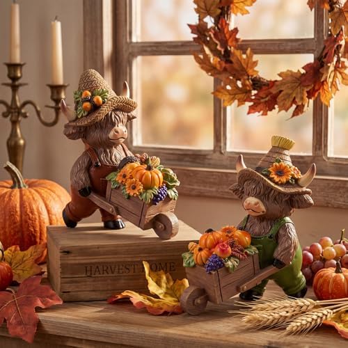 Karenhi 2 Pcs Fall Highland Cow Figurines, Harvest Wheelbarrow Decor