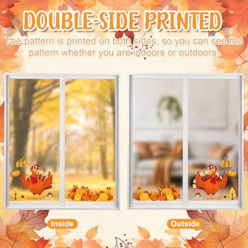 Fall Thanksgiving Window Clings 6 Sheets, Large Turkey Fall Leaves Reusable Window Decals Stickers for Home Autumn Thanksgiving Party Decorations Supplies (Turkey)