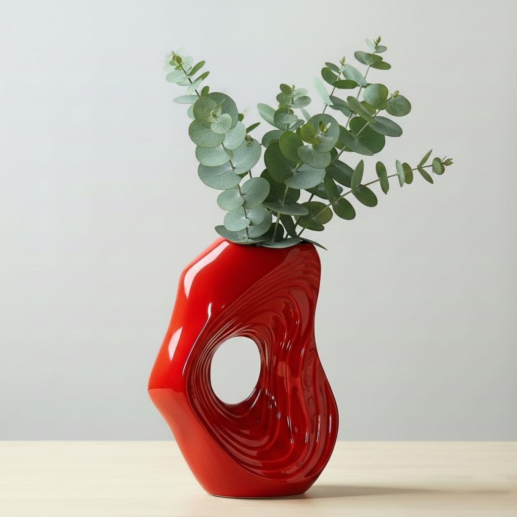 Ceramic Vase / Modern Decorative Vase for Flowers / Red / 11 Inch