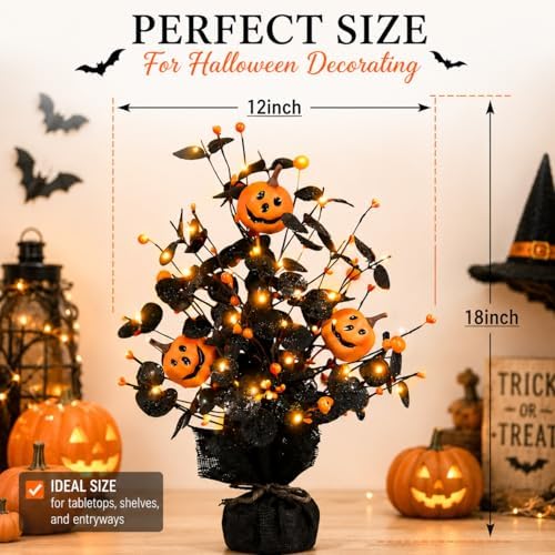 2Pack Lighted Halloween Table Tree, Halloween Pumpkin Decorations for Home