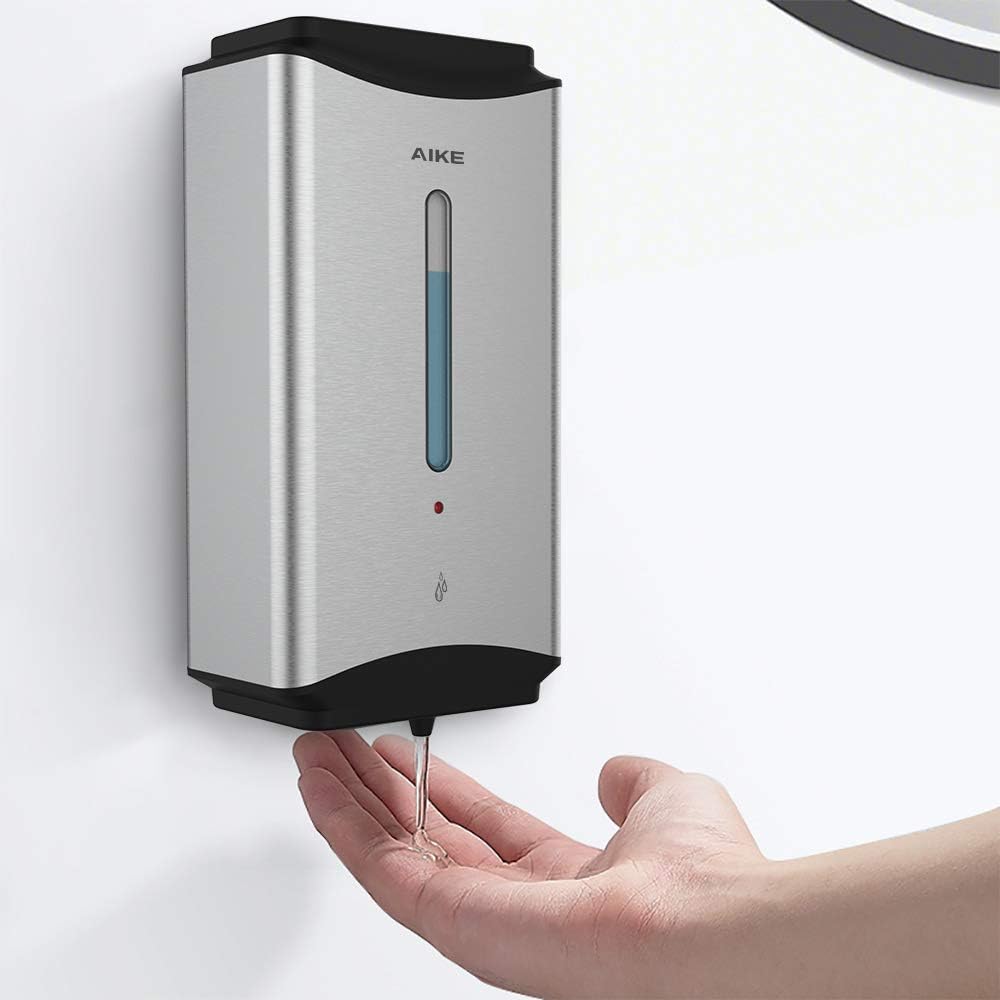 AIKE Heavy Duty Automatic Soap Dispenser,37oz for Bathroom,Brushed Steel | 5-Level and Savety Key for Commercial(4*AA