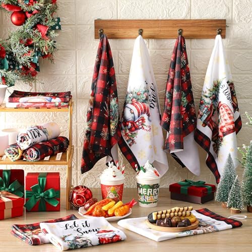 VitalCozy 12 Pcs Christmas Kitchen Towels, 14.2 x 21.3 in Plaid Dishcloths