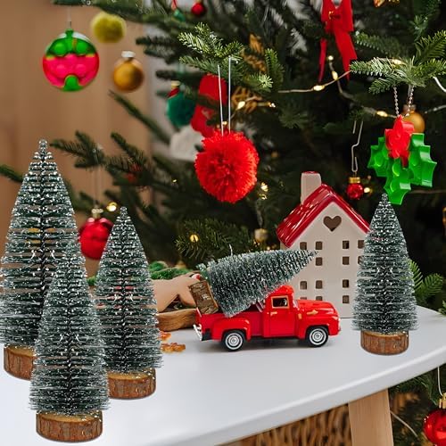 8 PCS Christmas Mini Trees Artificial Sisal Snow Frost Christmas Trees in 3 Size Bottle Brush Xmas Tree with Wooden Base Mini Xmas Pine Tree for Winter Holiday Party Home Table Crafts Decoration