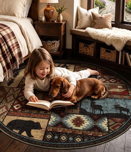 YIHOUSE Washable Rustic Cabin Round Rug, 4ft