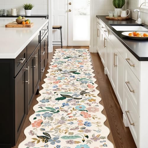 Hallway Floral 2'6x14 Runner Rugs: Washable Scalloped Soft Carpet with Non-Slip Backing for Entryway Kitchen