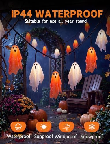 8.5FT 10 LED Halloween Orange and White Fabric Ghost String Lights Outdoor